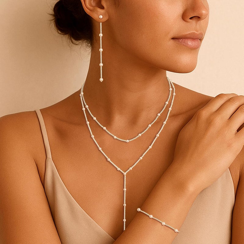 Zeffy Gold Pearl Necklace for Women, Dainty 14K Gold/Silve Plated Layered Pearl Choker Pearl Earrings Pearl Bracelets Wedding Trendy Gold Jewelry Set for Women Gifts - Image 2